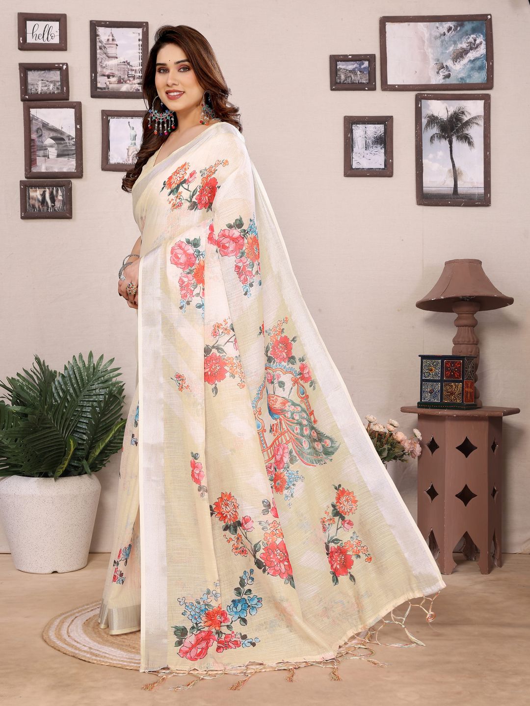 Cream Floral Cotton Linen Saree with Multicolour Digital Print