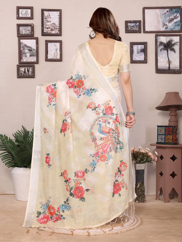 Cream Floral Cotton Linen Saree with Multicolour Digital Print