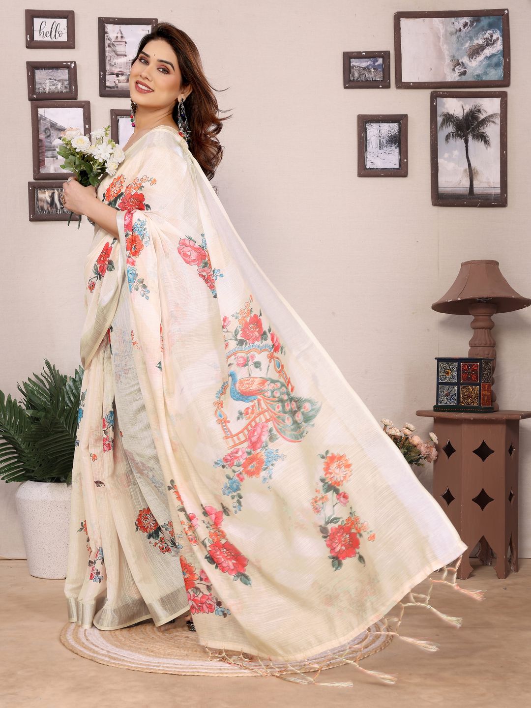 Cream Floral Cotton Linen Saree with Multicolour Digital Print