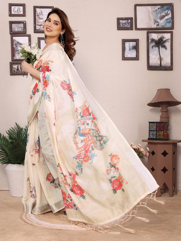 Cream Floral Cotton Linen Saree with Multicolour Digital Print