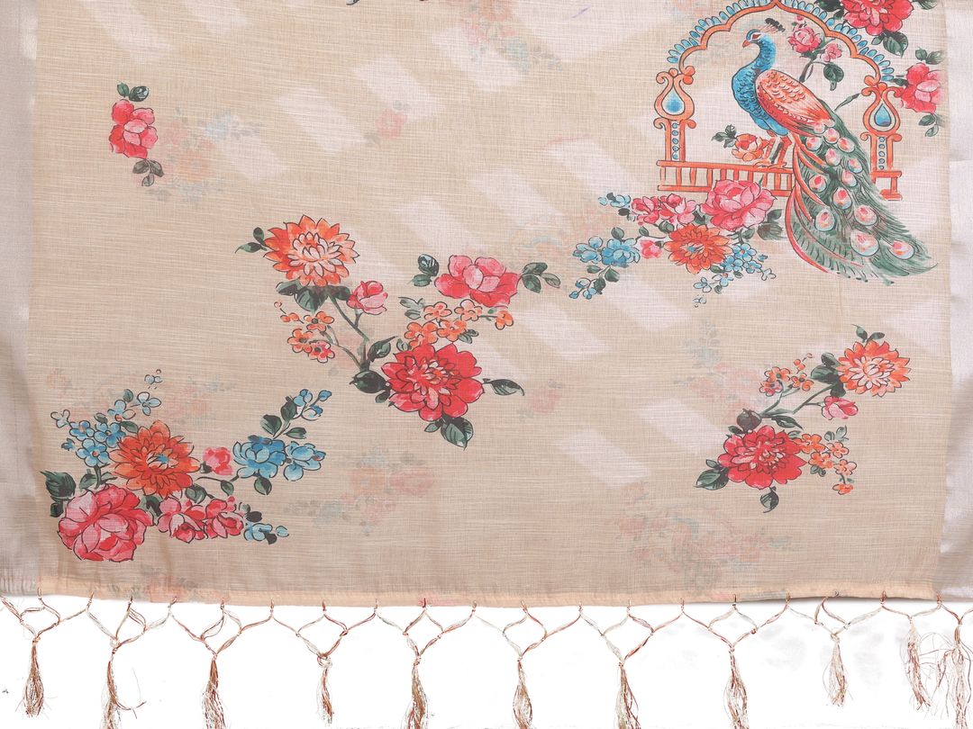 Cream Floral Cotton Linen Saree with Multicolour Digital Print