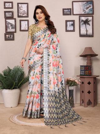 Buy Cream Floral Cotton Linen Saree with Printed Border | Varnavi