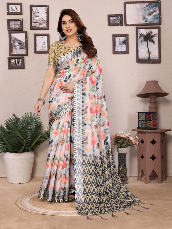 Buy Cream Floral Cotton Linen Saree with Printed Border | Varnavi