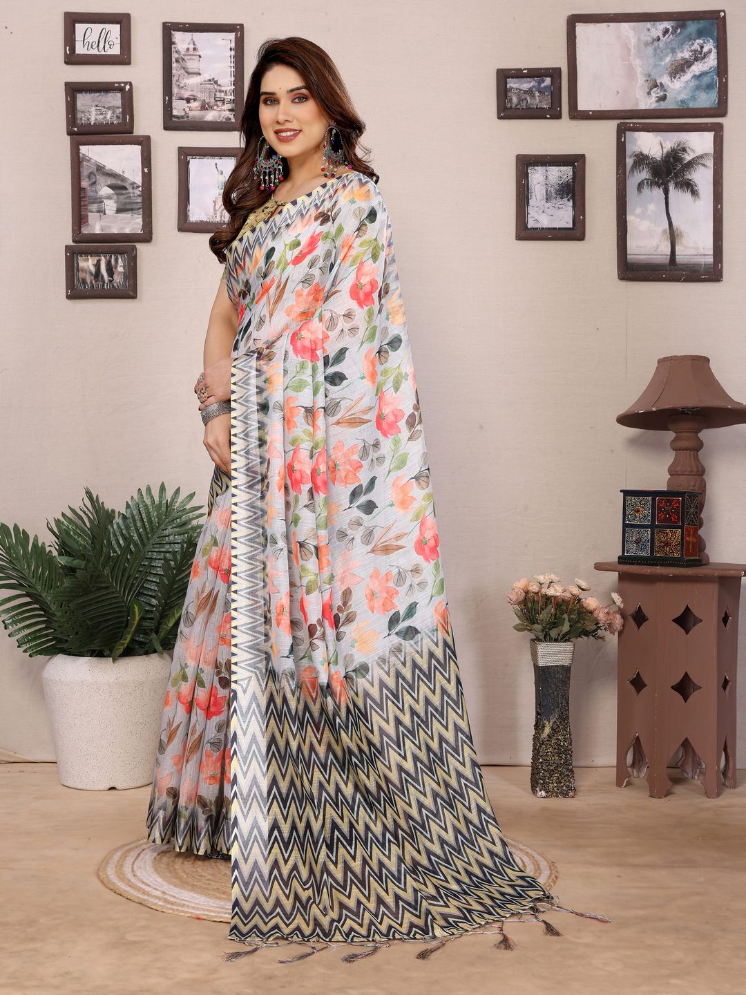 Buy Cream Floral Cotton Linen Saree with Printed Border | Varnavi
