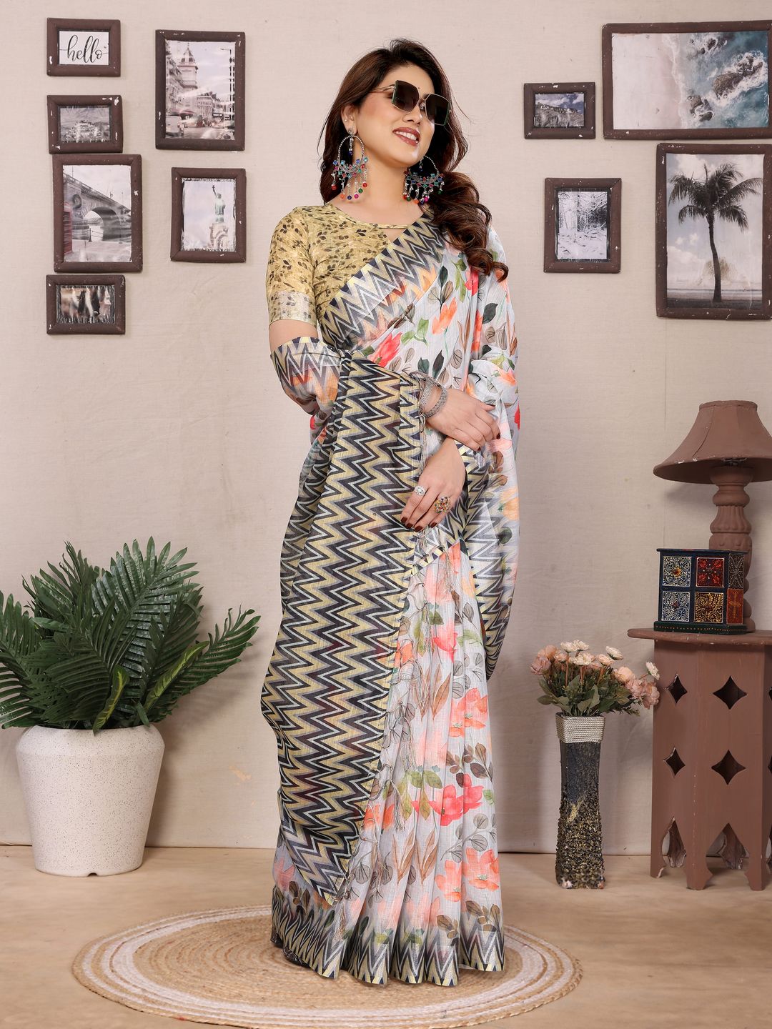 Buy Cream Floral Cotton Linen Saree with Printed Border | Varnavi
