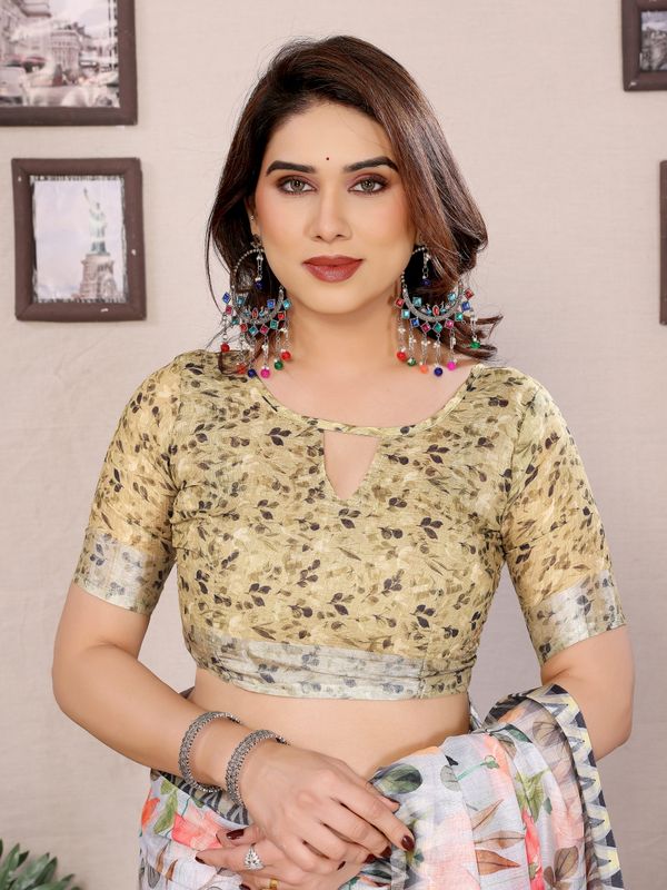 Buy Cream Floral Cotton Linen Saree with Printed Border | Varnavi