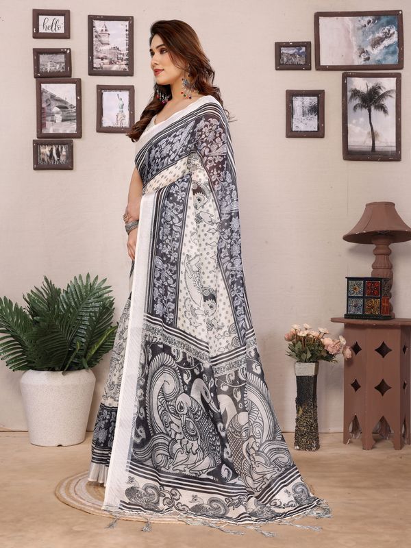Cream and Black Floral Cotton Linen Saree with Digital Print