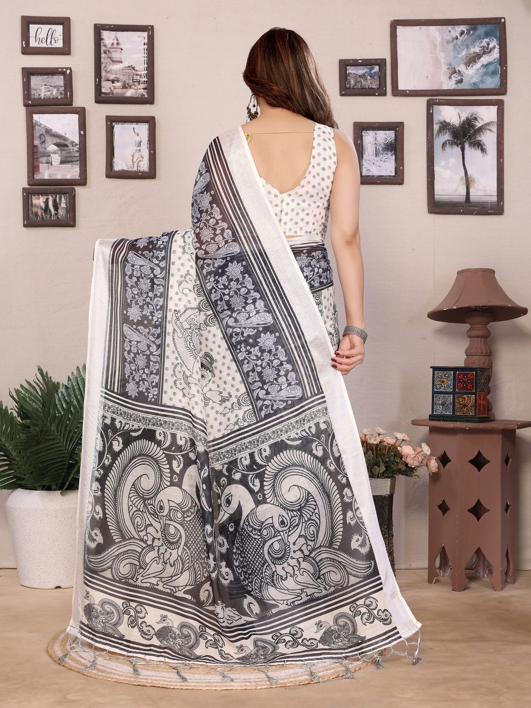 Cream and Black Floral Cotton Linen Saree with Digital Print