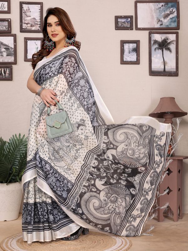 Cream and Black Floral Cotton Linen Saree with Digital Print