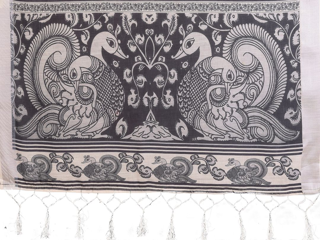 Cream and Black Floral Cotton Linen Saree with Digital Print