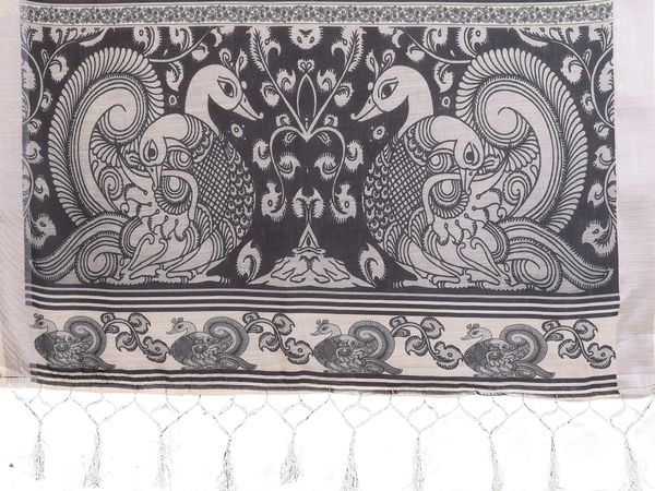 Cream and Black Floral Cotton Linen Saree with Digital Print