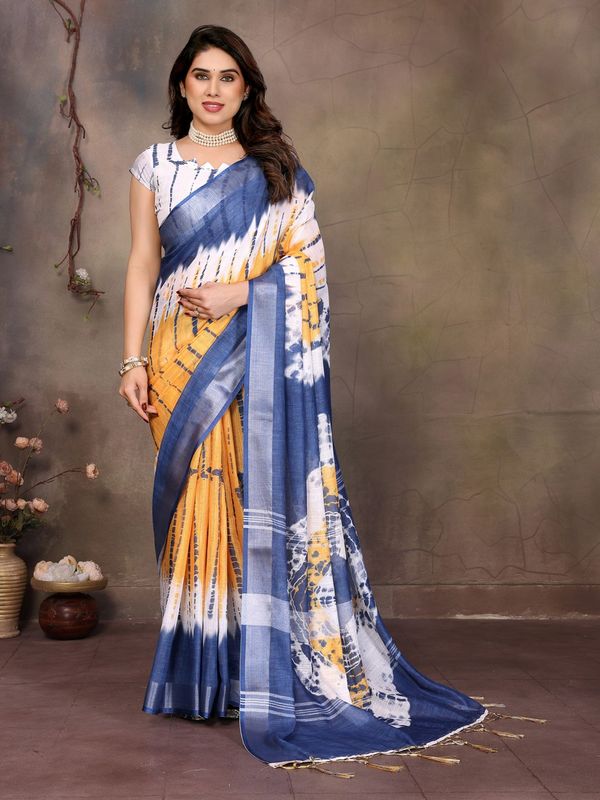 Pink Cotton Linen Saree with White Stripes and Floral Pallu