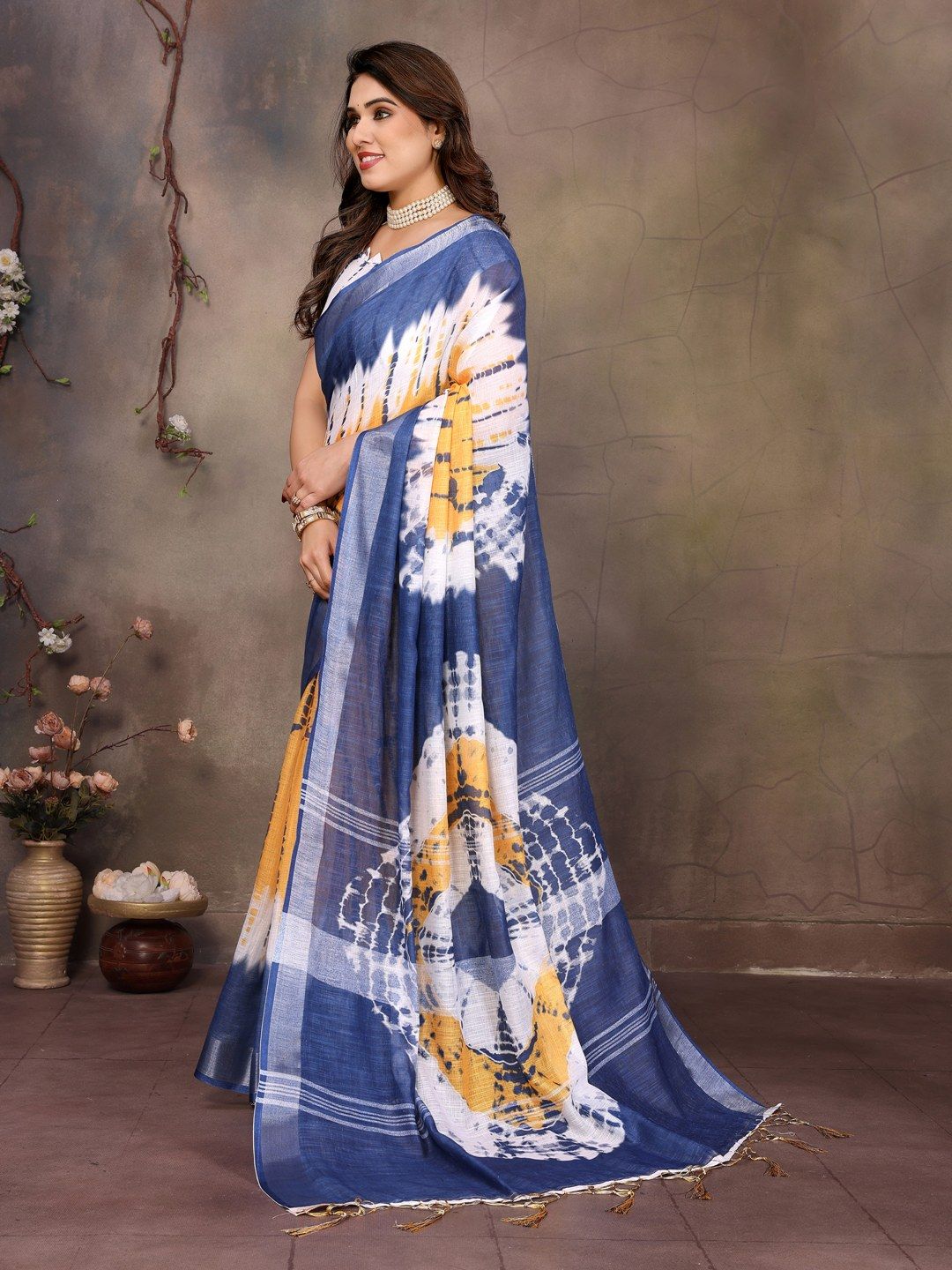 Pink Cotton Linen Saree with White Stripes and Floral Pallu