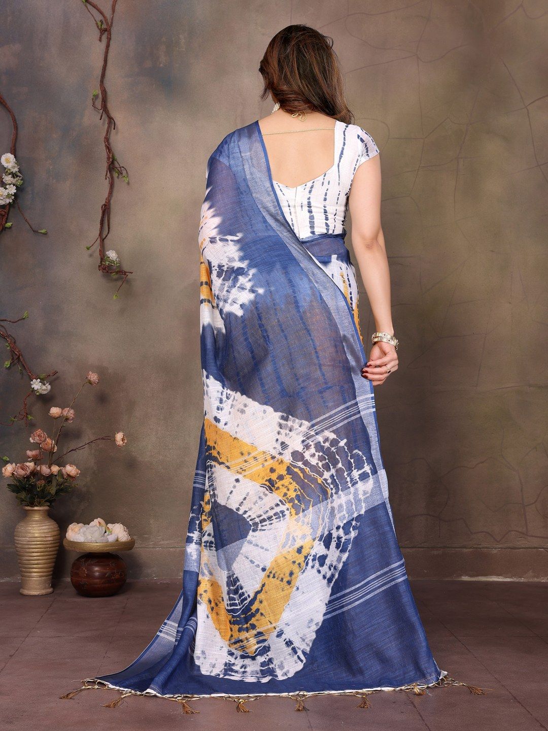 Pink Cotton Linen Saree with White Stripes and Floral Pallu