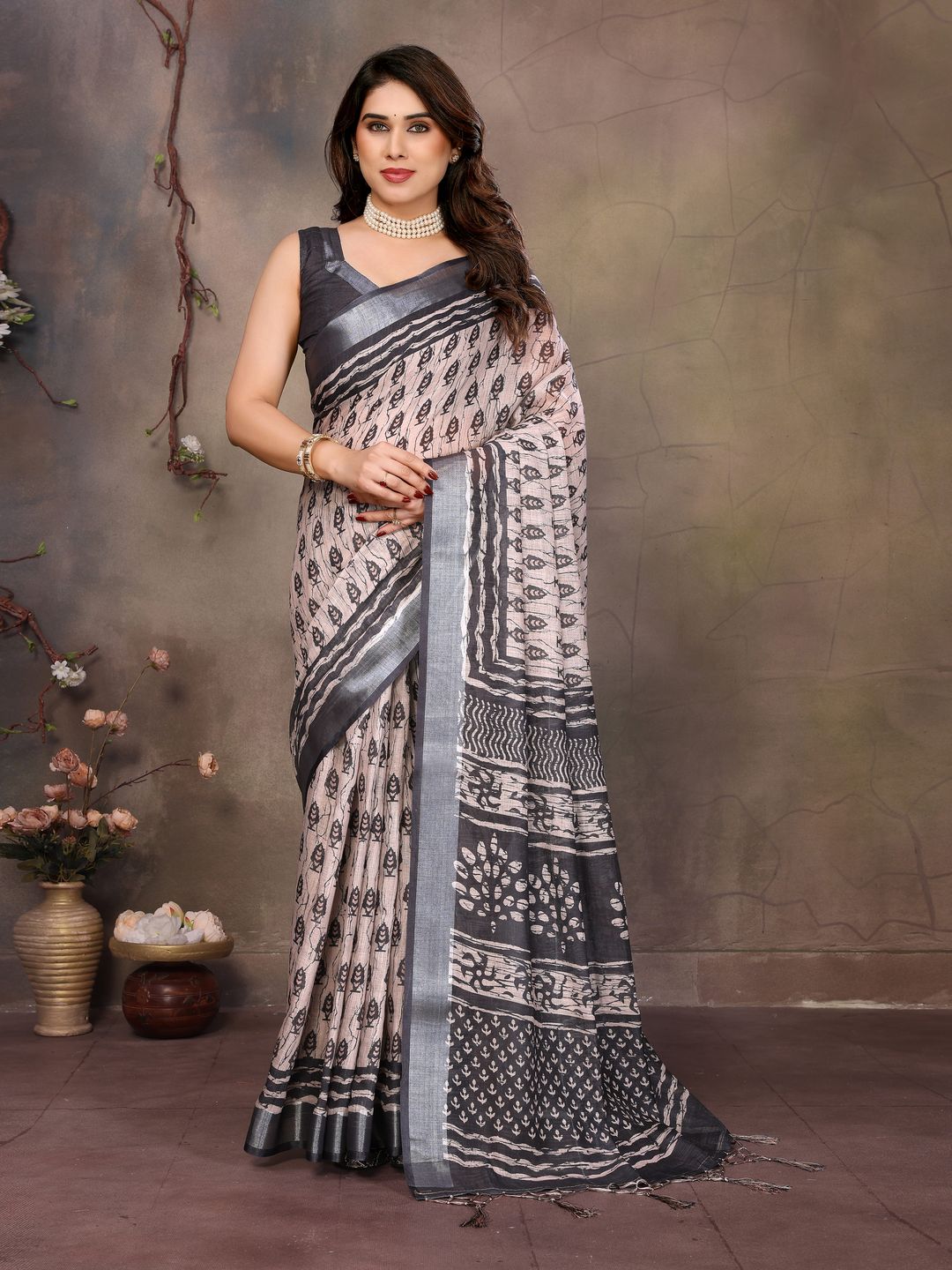 Beige Cotton Linen Saree with Black Motifs and Contrast Border