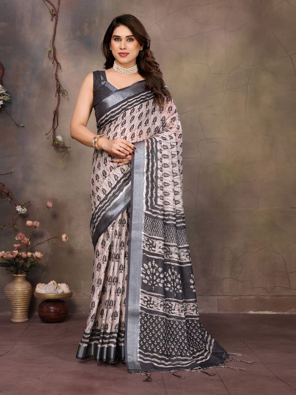 Beige Cotton Linen Saree with Black Motifs and Contrast Border