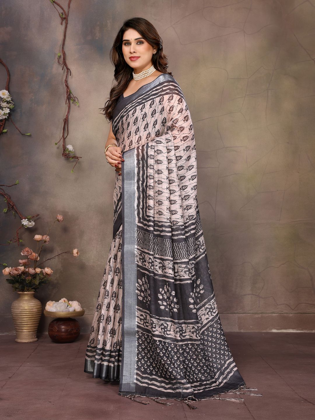 Beige Cotton Linen Saree with Black Motifs and Contrast Border