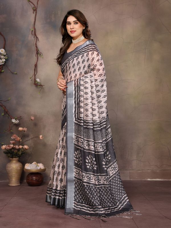 Beige Cotton Linen Saree with Black Motifs and Contrast Border
