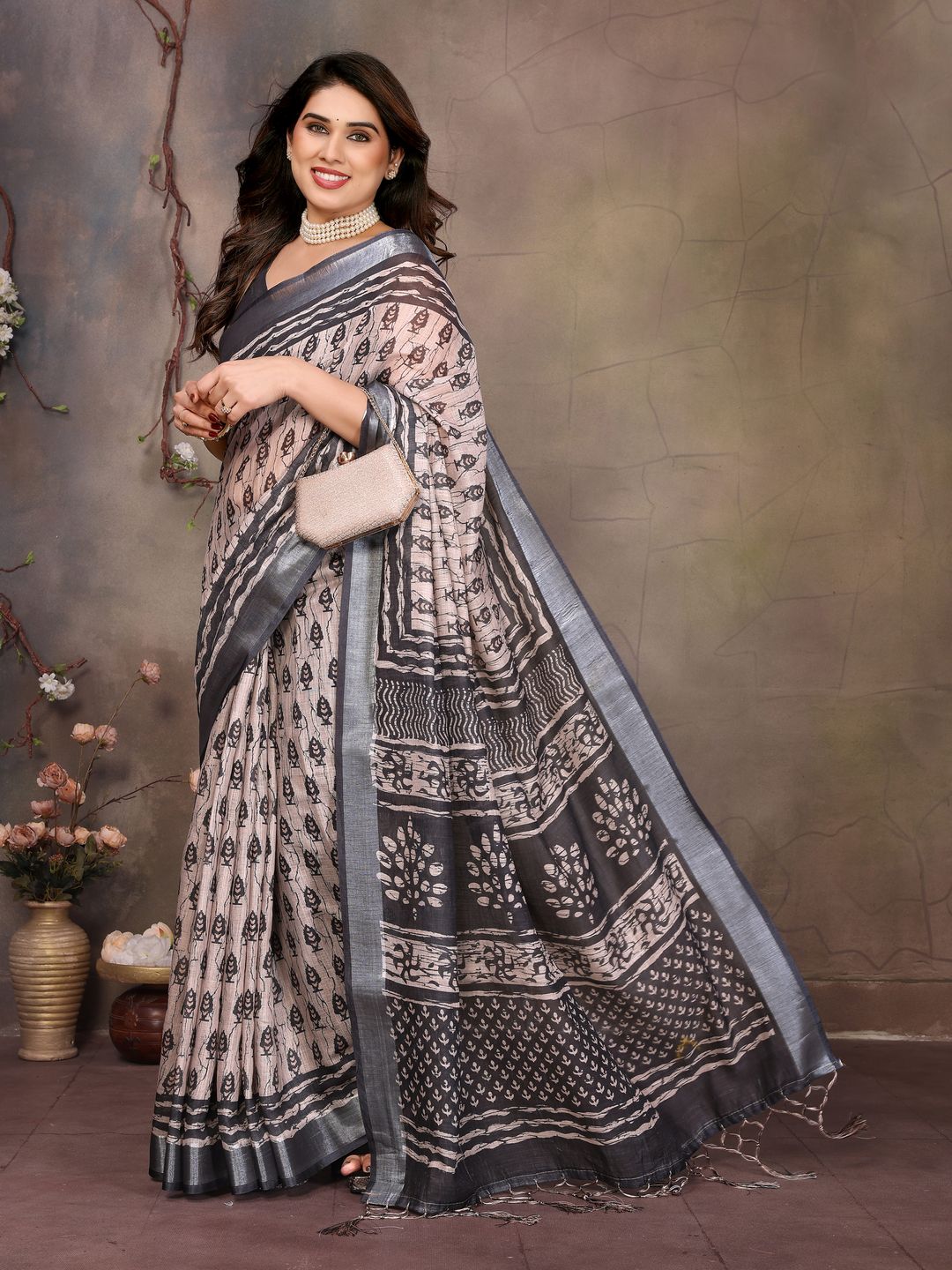Beige Cotton Linen Saree with Black Motifs and Contrast Border