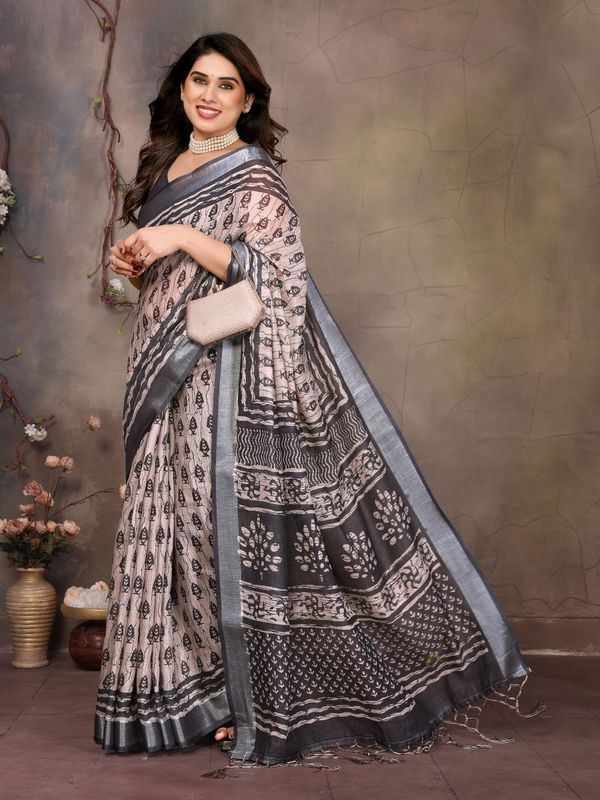 Beige Cotton Linen Saree with Black Motifs and Contrast Border