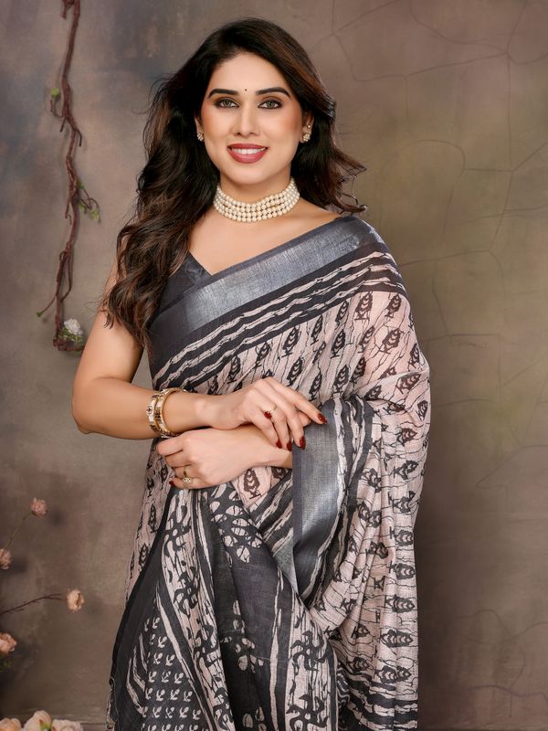 Beige Cotton Linen Saree with Black Motifs and Contrast Border