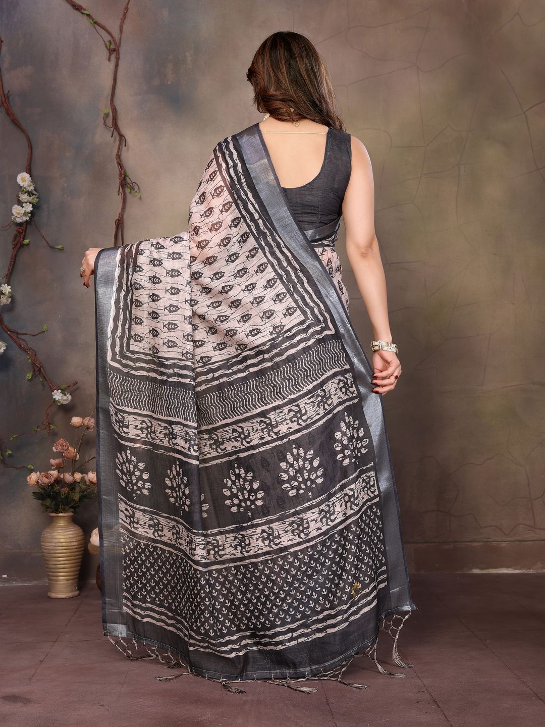 Beige Cotton Linen Saree with Black Motifs and Contrast Border