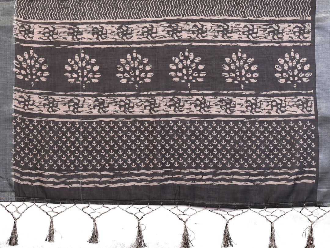 Beige Cotton Linen Saree with Black Motifs and Contrast Border