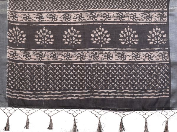 Beige Cotton Linen Saree with Black Motifs and Contrast Border