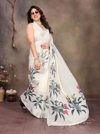 Ivory White Cotton Linen Saree with Grey and Floral Prints