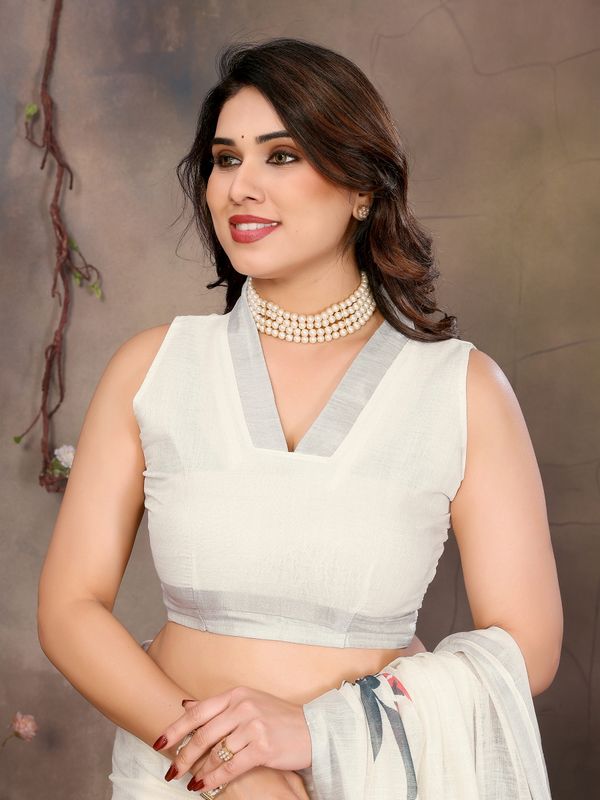Ivory White Cotton Linen Saree with Grey and Floral Prints