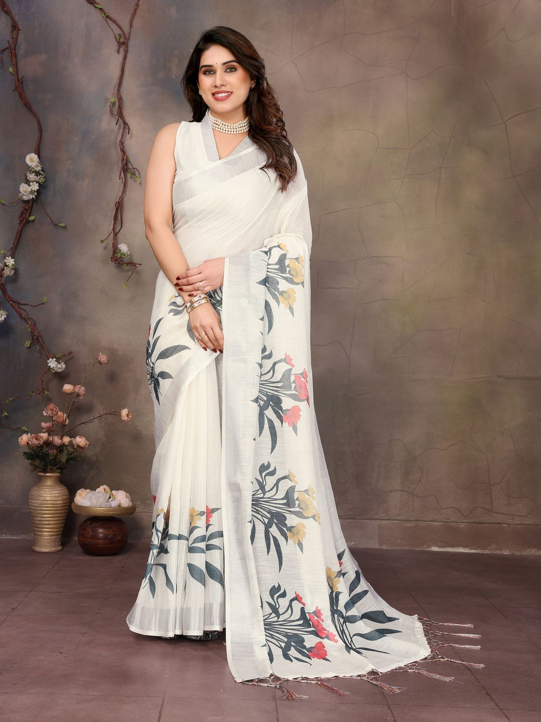 Ivory White Cotton Linen Saree with Grey and Floral Prints