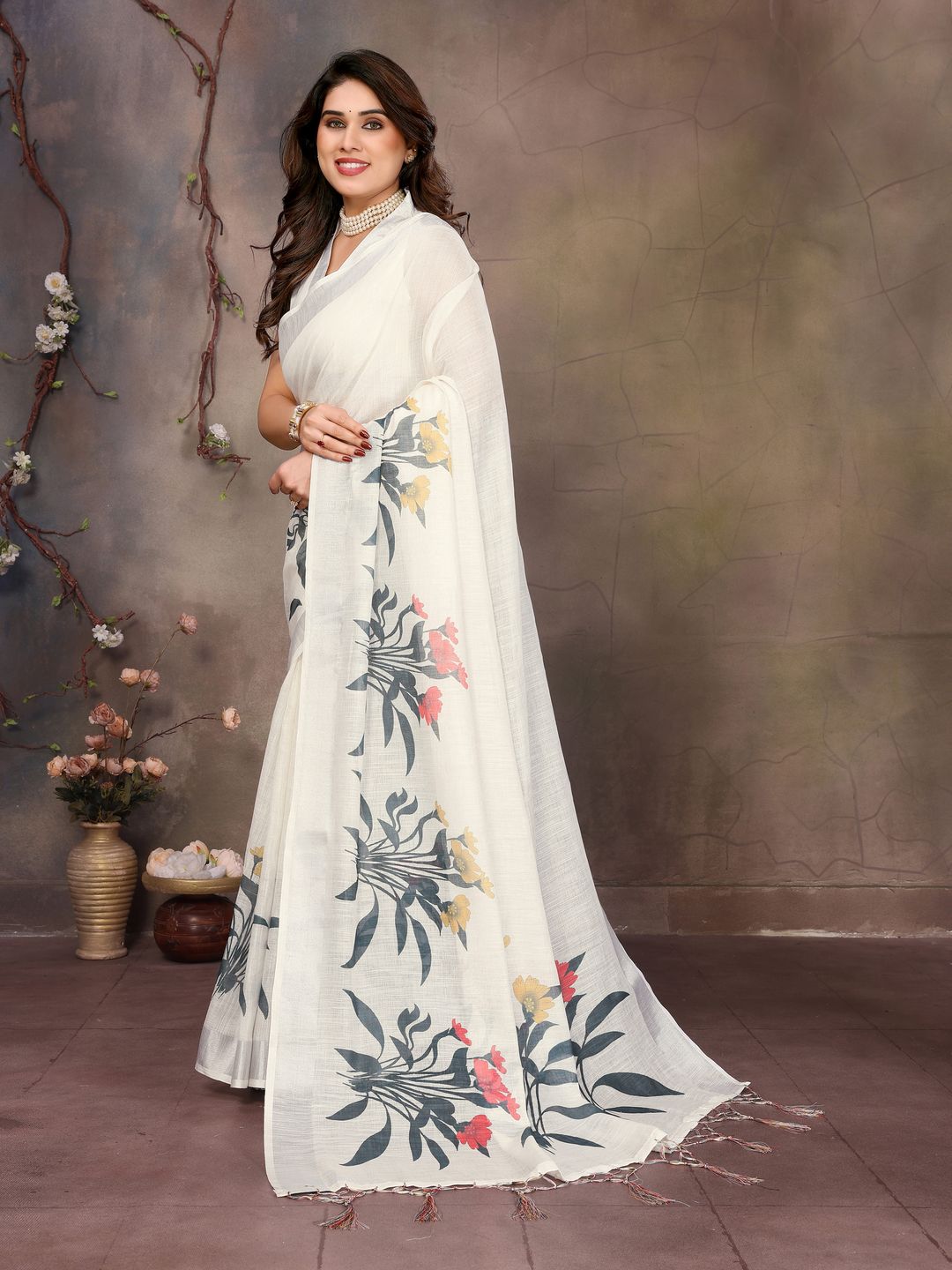 Ivory White Cotton Linen Saree with Grey and Floral Prints