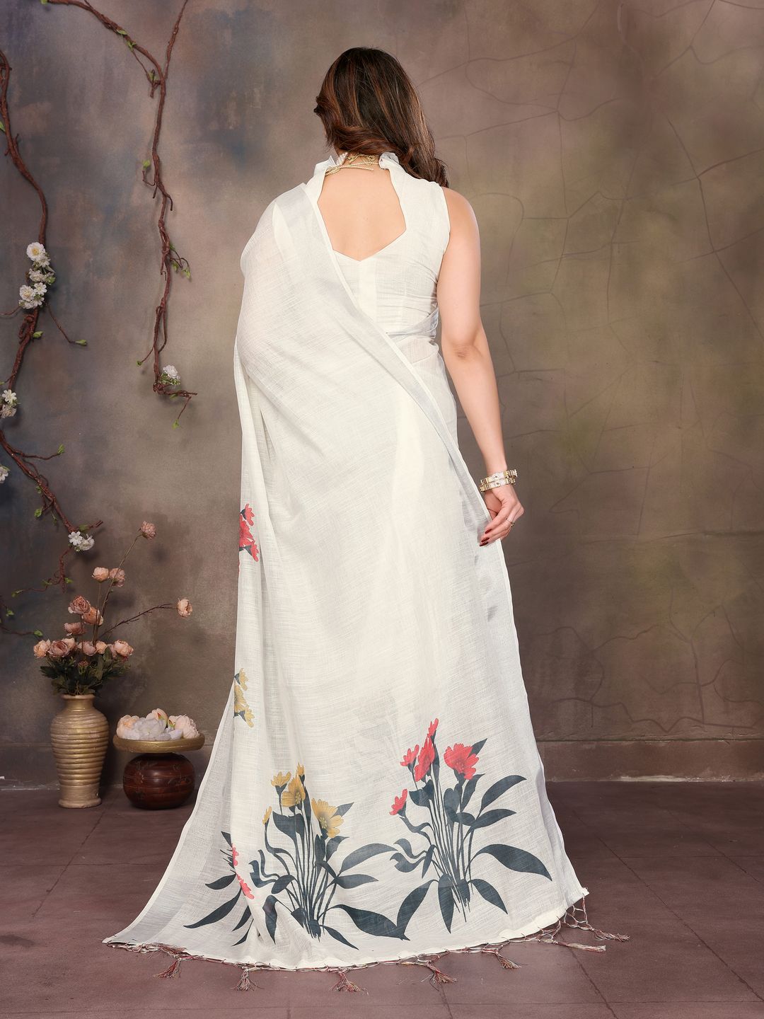 Ivory White Cotton Linen Saree with Grey and Floral Prints