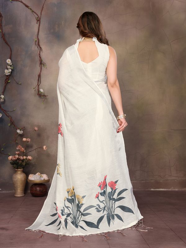 Ivory White Cotton Linen Saree with Grey and Floral Prints