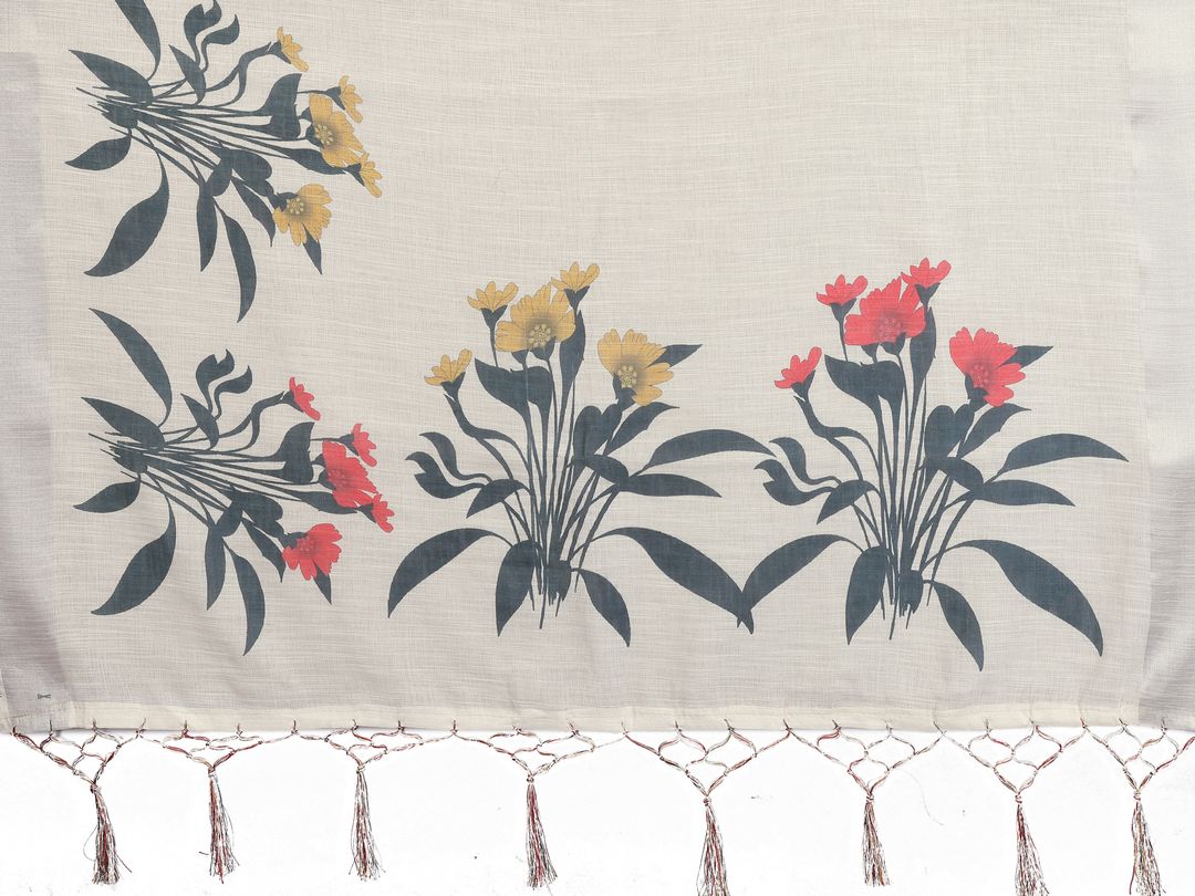Ivory White Cotton Linen Saree with Grey and Floral Prints