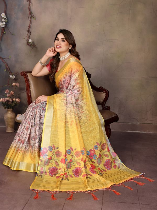 Mustard Yellow Cotton Linen Saree with Multicolour Floral Pallu