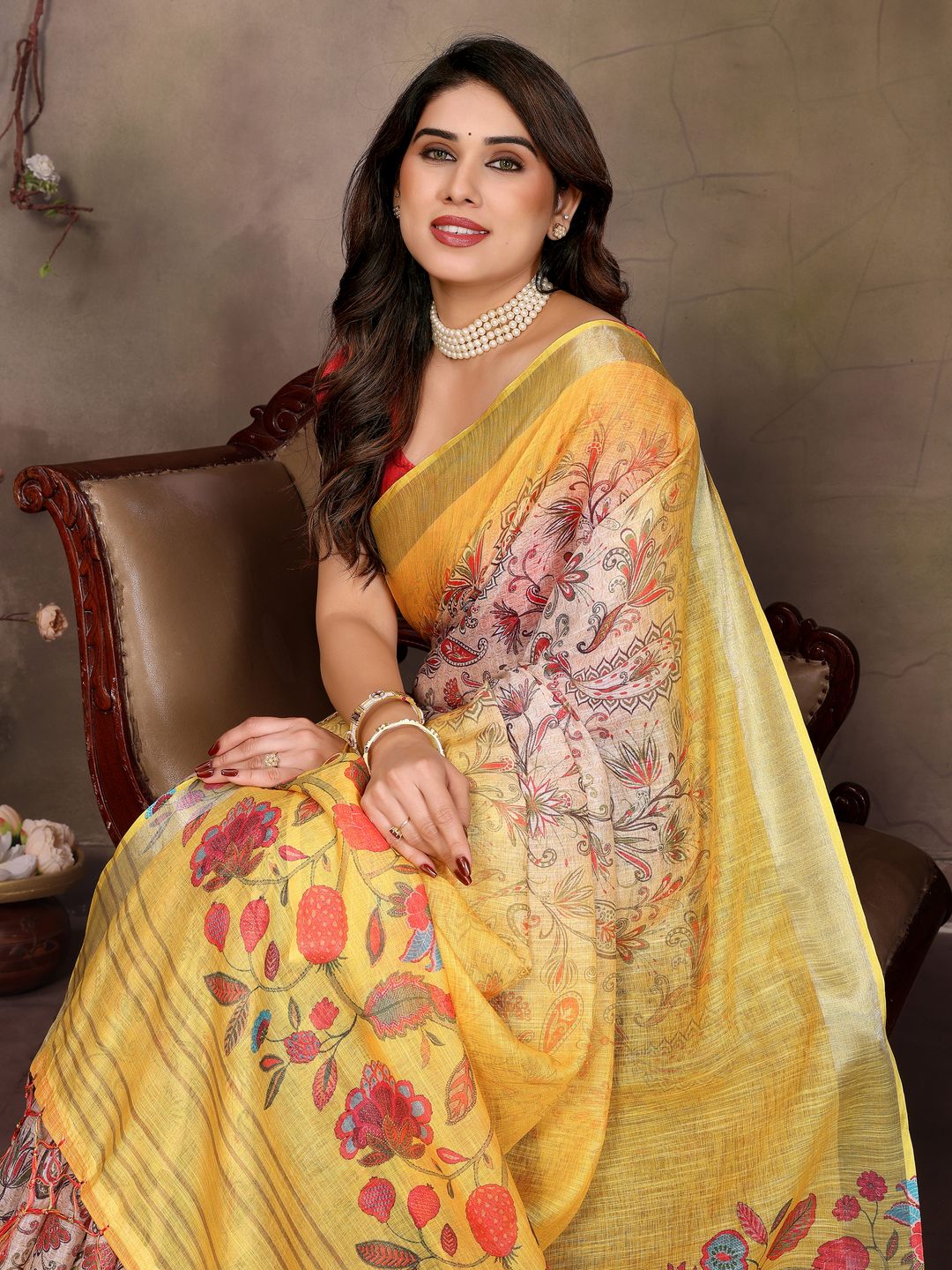 Mustard Yellow Cotton Linen Saree with Multicolour Floral Pallu