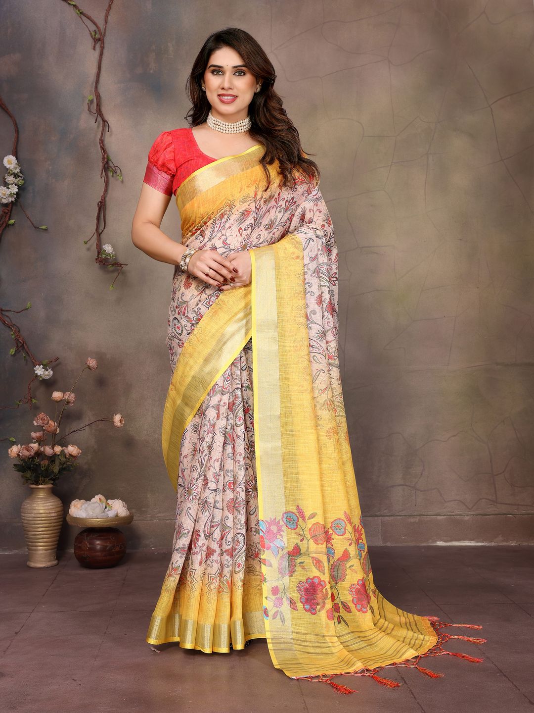 Mustard Yellow Cotton Linen Saree with Multicolour Floral Pallu
