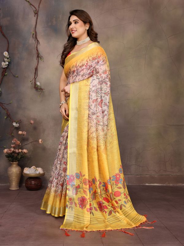 Mustard Yellow Cotton Linen Saree with Multicolour Floral Pallu