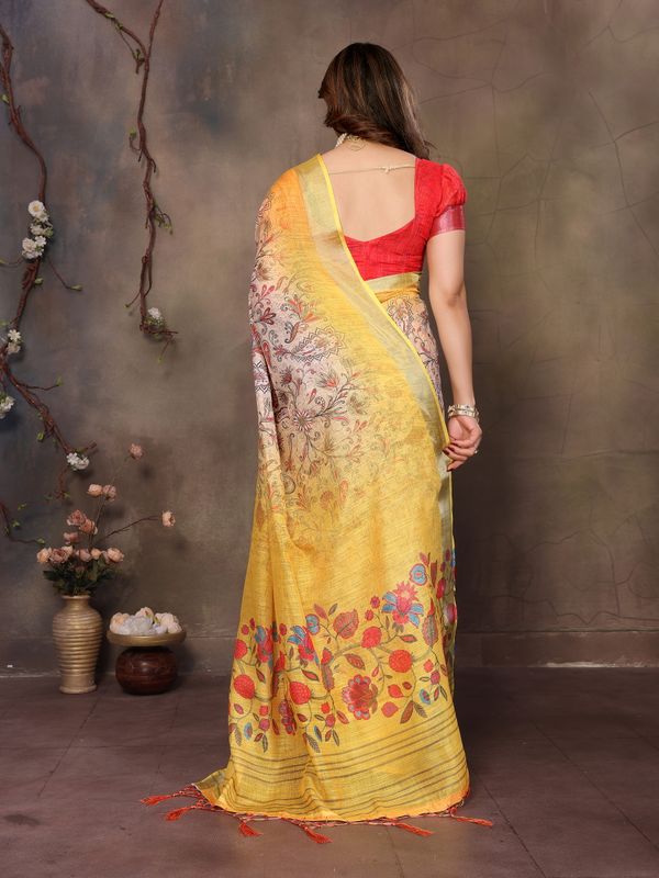 Mustard Yellow Cotton Linen Saree with Multicolour Floral Pallu