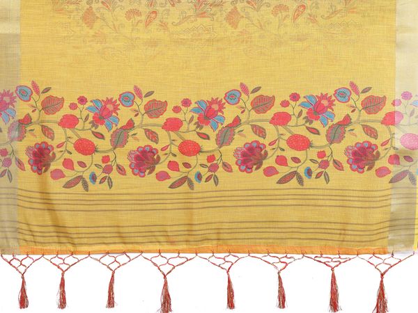 Mustard Yellow Cotton Linen Saree with Multicolour Floral Pallu