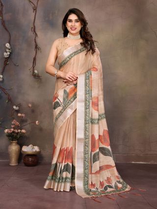 Cream Cotton Linen Floral Digital Print Saree with Designer Border