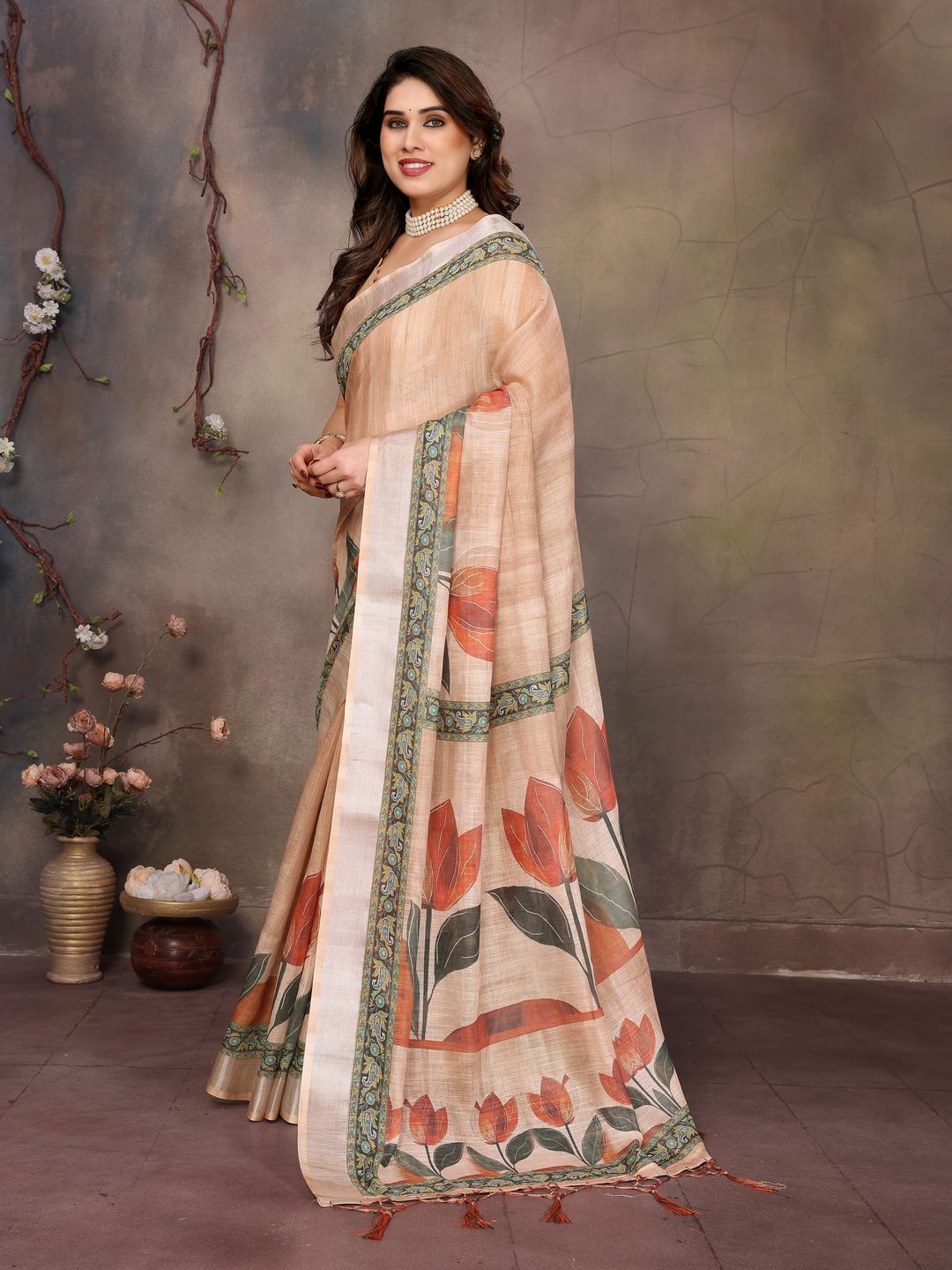 Cream Cotton Linen Floral Digital Print Saree with Designer Border
