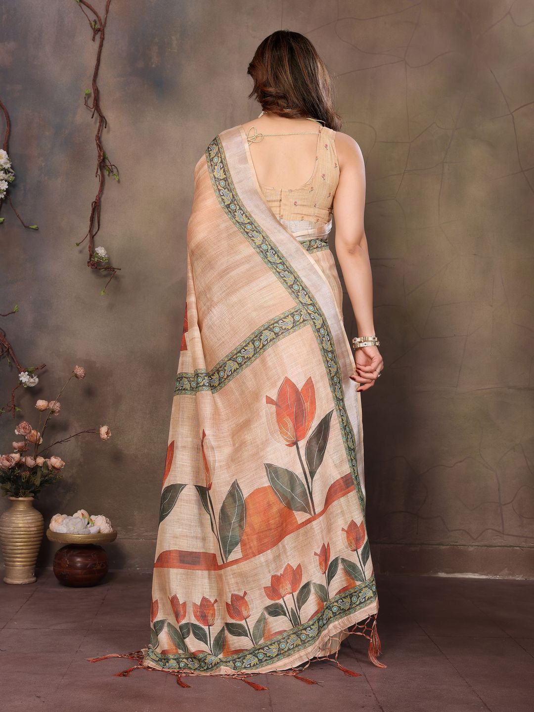 Cream Cotton Linen Floral Digital Print Saree with Designer Border