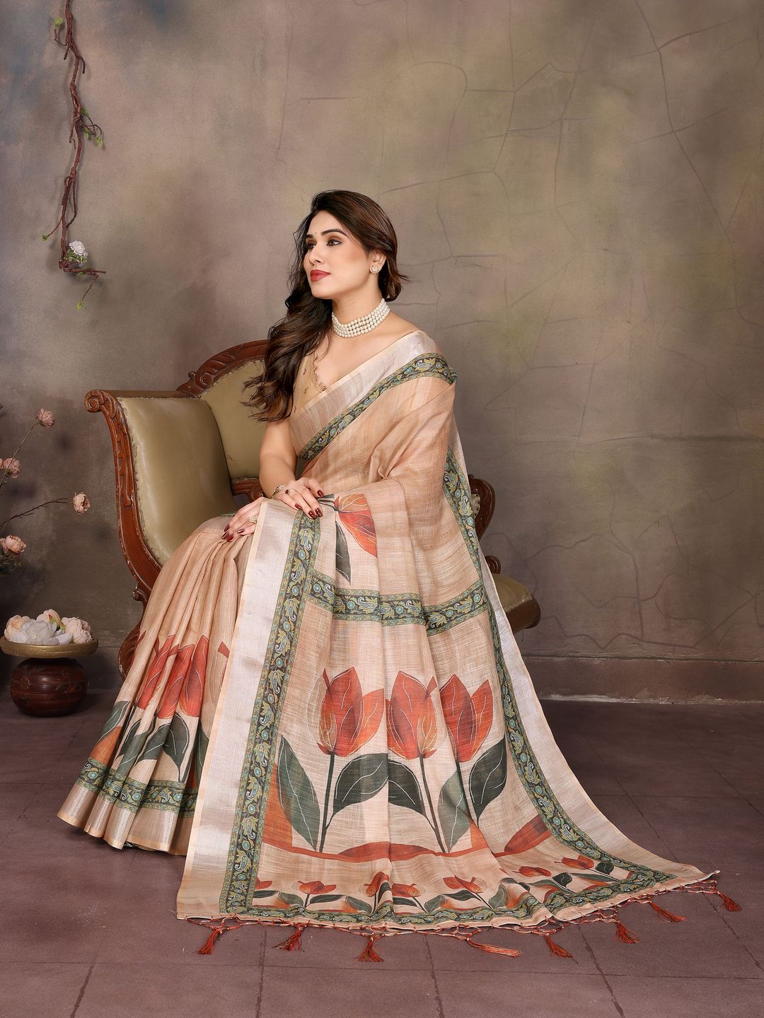 Cream Cotton Linen Floral Digital Print Saree with Designer Border