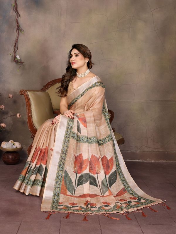Cream Cotton Linen Floral Digital Print Saree with Designer Border