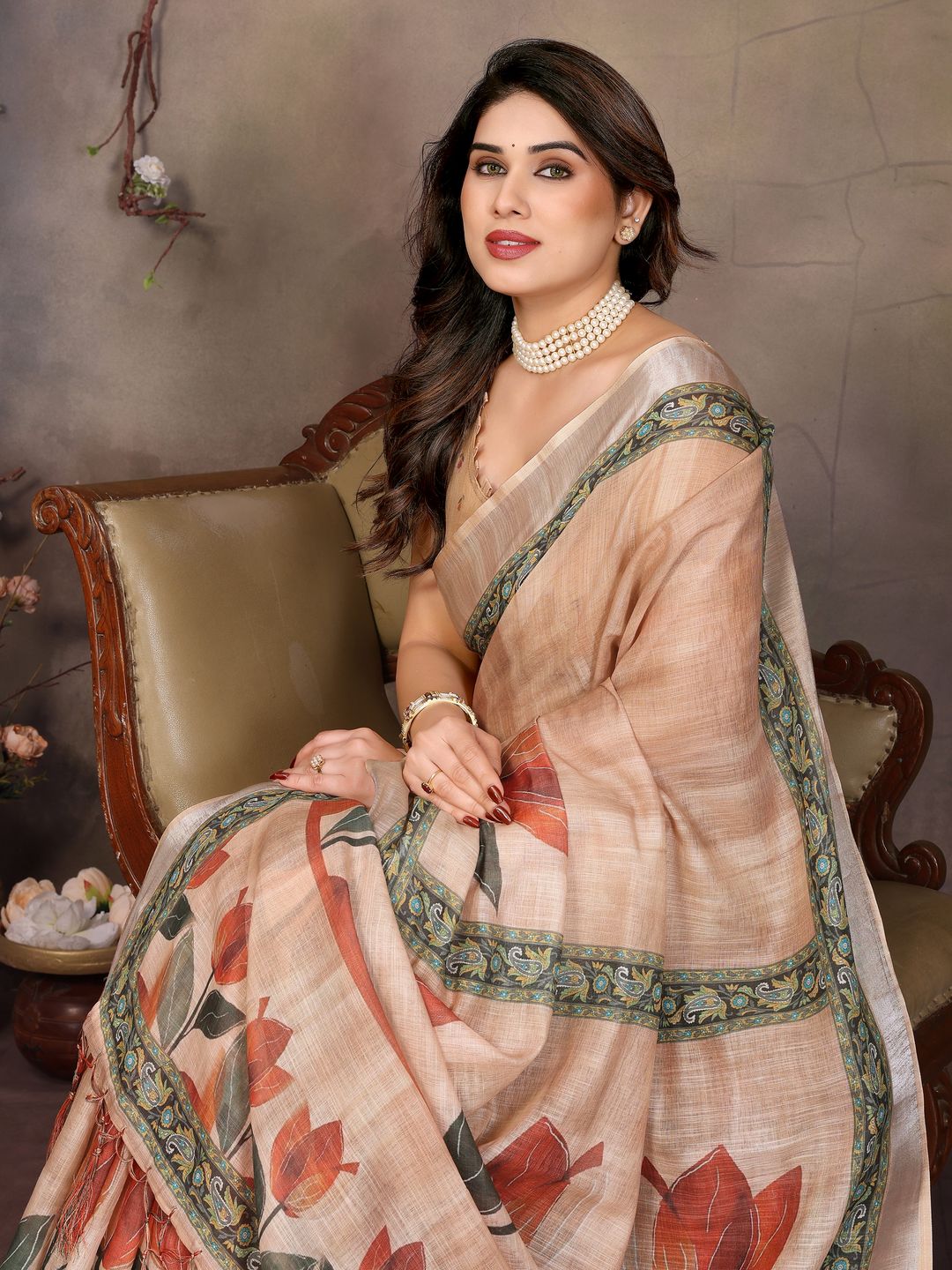 Cream Cotton Linen Floral Digital Print Saree with Designer Border