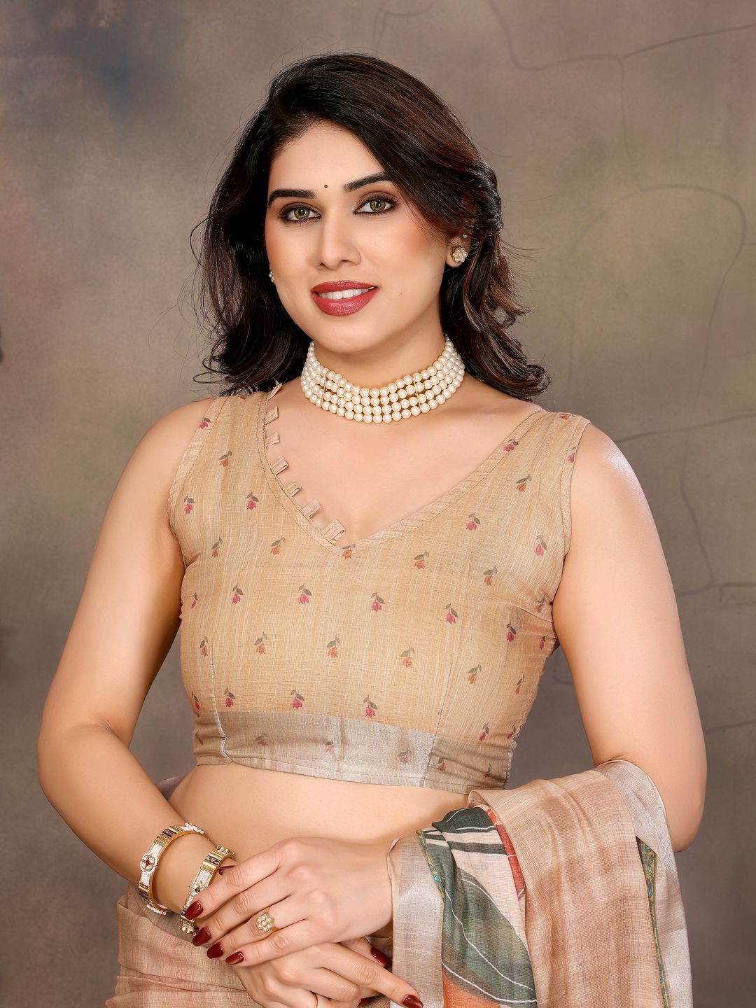 Cream Cotton Linen Floral Digital Print Saree with Designer Border