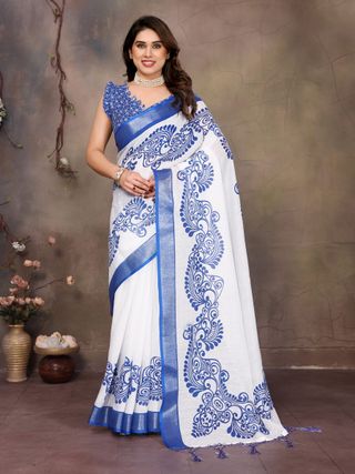 White Cotton Linen Saree with Royal Blue Floral Digital Print