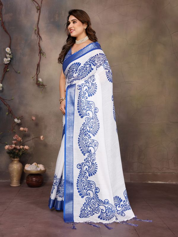 White Cotton Linen Saree with Royal Blue Floral Digital Print